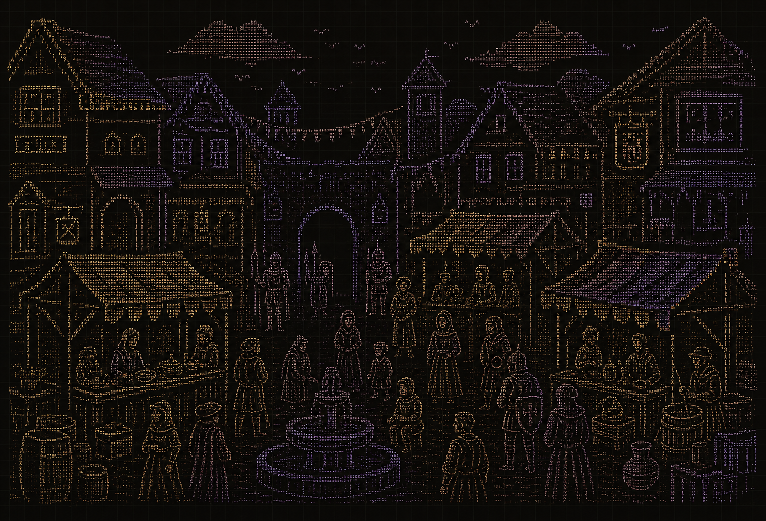 A market town drawn in ASCII: stalls, carts, and townsfolk around a fountain square. The marketplace is in development.